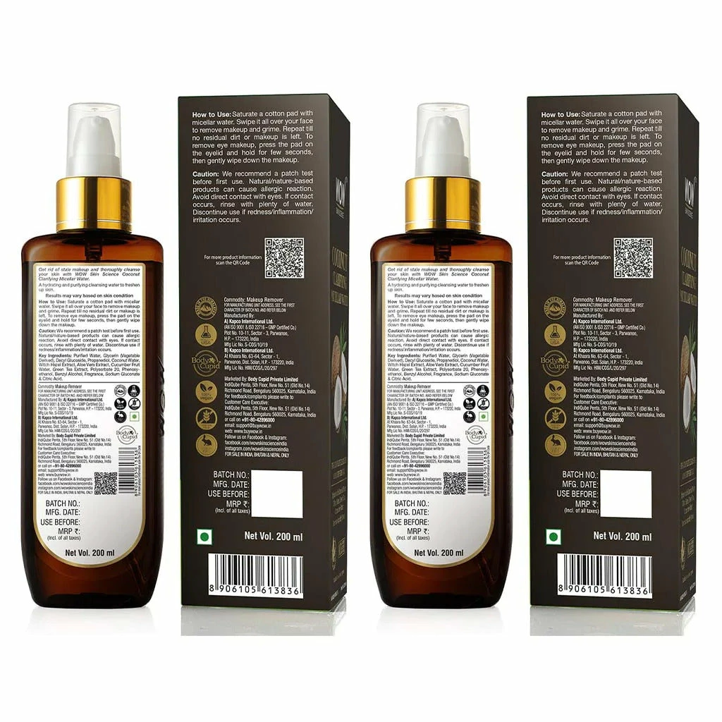WOW Skin Science Coconut Clarifying Micellar Water For Complete Cleansing & Makeup Removal - For All Skin Types - No Parabens, Silicones & Mineral Oil
