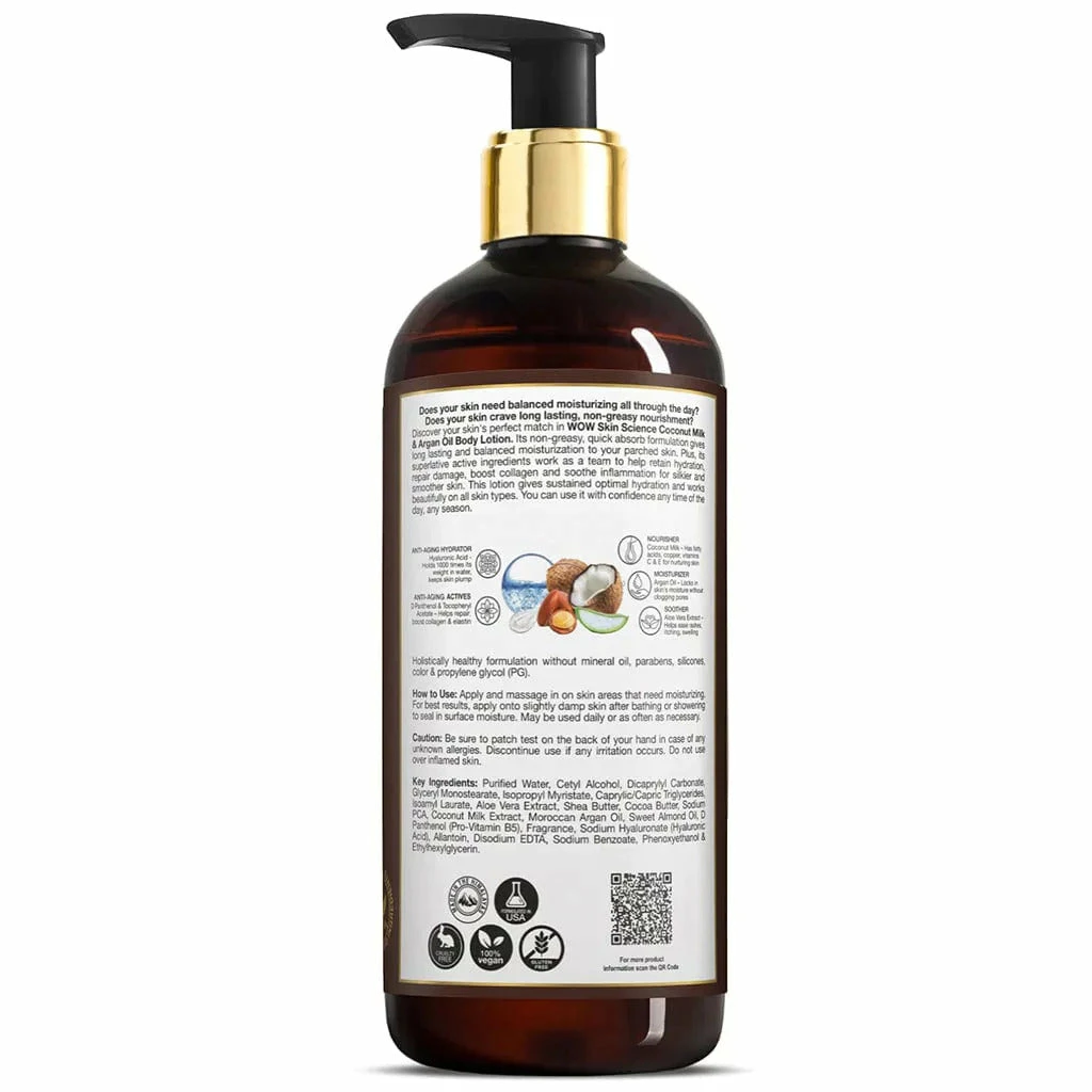 Wow Skin Science Bath & Body Coconut Milk & Argan Oil Body Lotion - Medium Hydration - No Mineral Oil, Parabens, Silicones, Color & PG