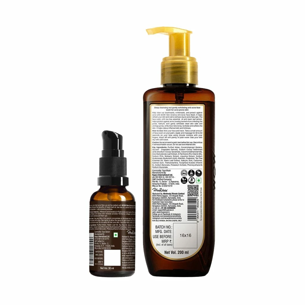 WOW Skin Science Anti Acne Face Serum + Anti Acne Face Wash - Net Vol. 230 Ml Combos