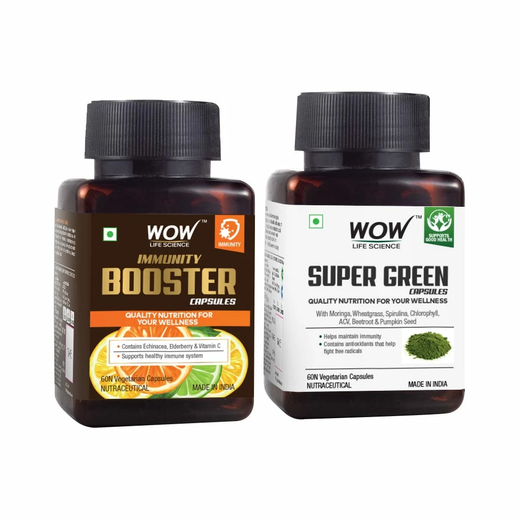 WOW Skin Science Immunity Booster Capsules + Super Green Capsules - Net Vol - 120 Veg Capsules
