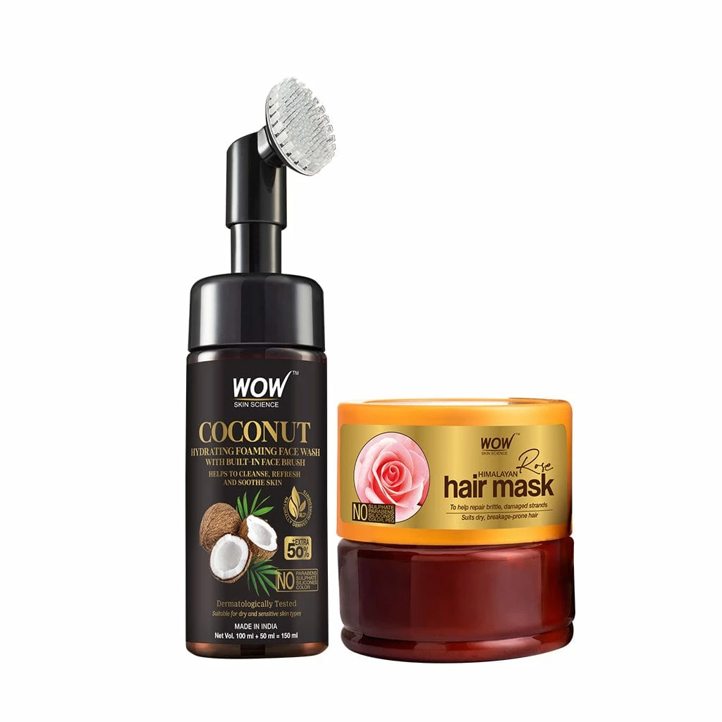 WOW Skin Science Coconut Hydrating Face Wash + Himalayan Rose Hair Mask - Net Vol. 350 Ml Combos
