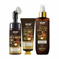 WOW Skin Science Moroccan Argan Oil 3 Kit (Face Wash + Hand & Nail Cream + Hair Oil) - Net Vol. 400 Ml