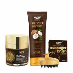 WOW Skin Science Combos Coconut Hydrating Face Wash Tube + Retinol Face Cream + Stimulating Scalp Massager Brush