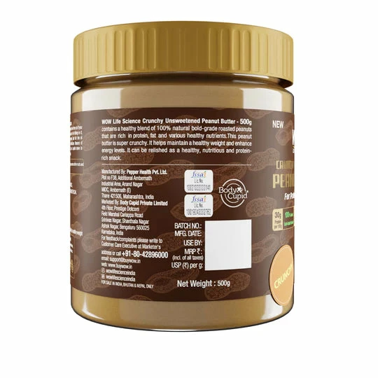 WOW Skin Science Crunchy Unsweetened Peanut Butter - 500 GM