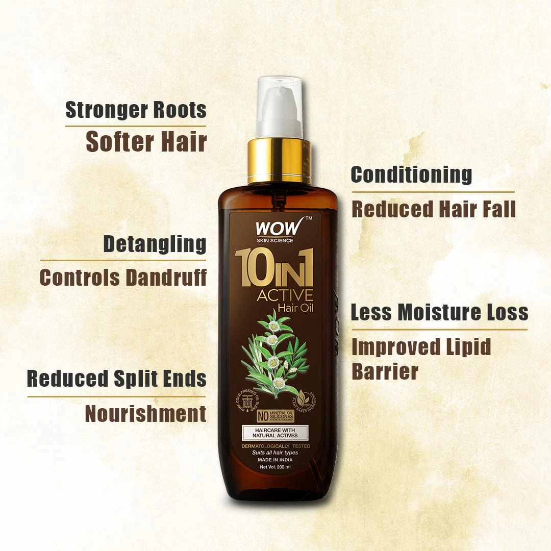 WOW Skin Science 10 In 1 Active Hair Oil - No Mineral Oil, Silicones & Synthetic Fragrance