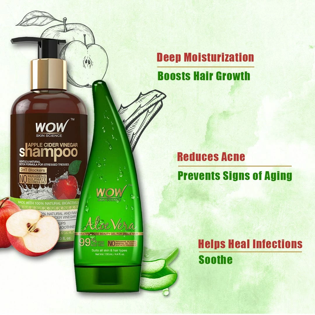 WOW Skin Science Combos Apple Cider Vinegar Shampoo - 300 Ml With 99% Pure Aloe Vera Gel - 130 Ml - Net Vol 430 Ml