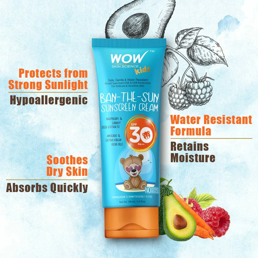 WOW Skin Science Mother & Child Kids Ban-The-Sun Sunscreen Cream Spf 30 Pa++ - No Parabens, Silicones, Oxide Color, Mineral Oil And Benzophenone - 100 Ml