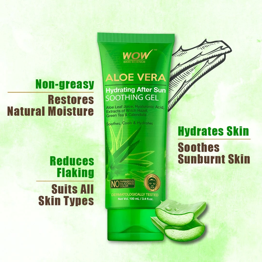 WOW Skin Science Aloe Vera With Hyaluronic Acid, Witch Hazel Extract, Green Tea & Calendula Hydrating After Sun Soothing Gel - No Parabens, Silicones & Color