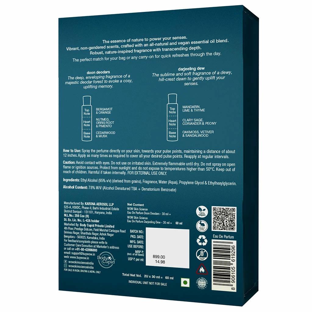 WOW Skin Science Eau De Parfum Doon Deodars & Darjeeling Dew - All Day Fragrance, Long Lasting & Unisex Perfume - Pack Of 2, 30ml X 2 Gift Sets
