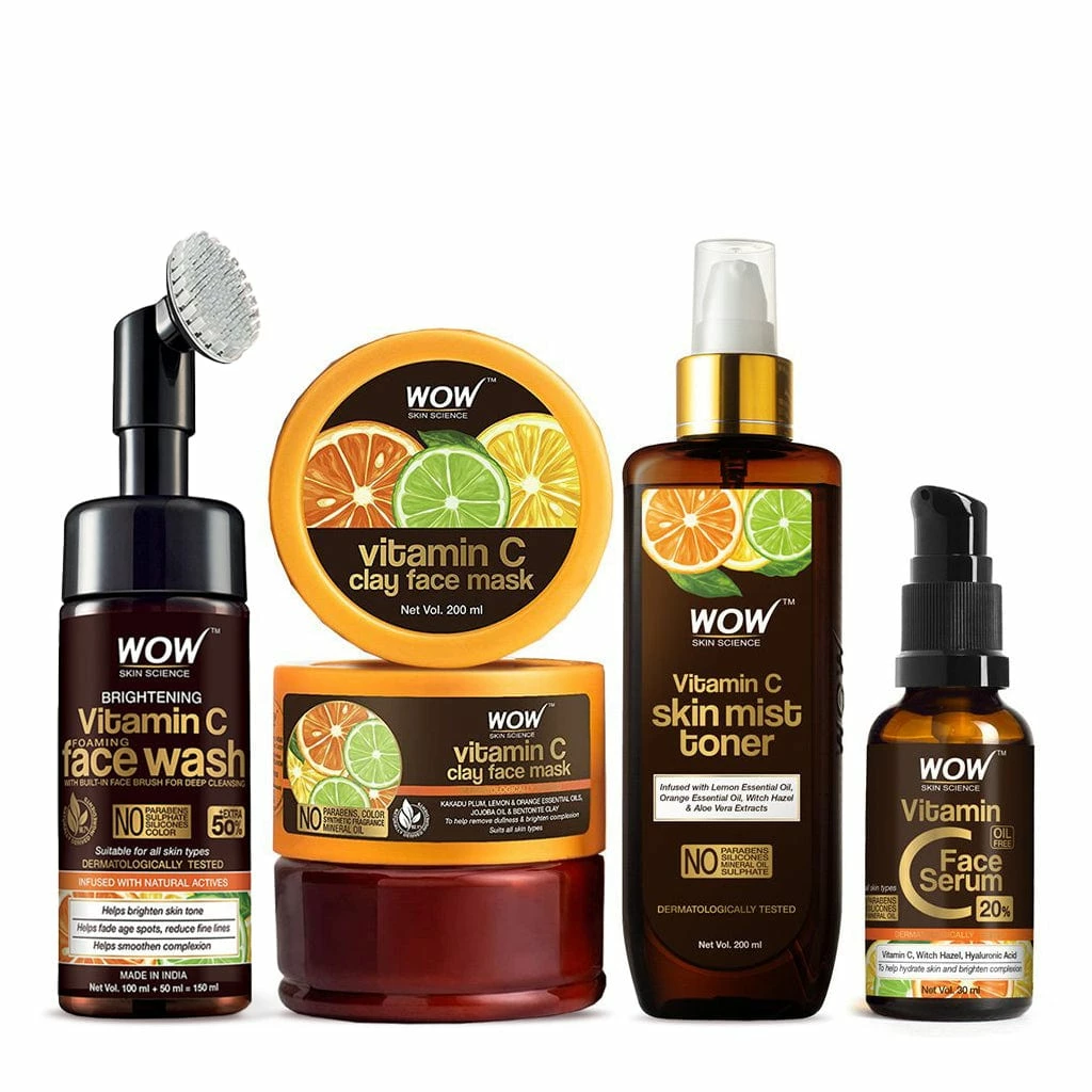 WOW Skin Science Vitamin C Face Wash With Brush + Vitamin C Clay Mask + Vitamin C Toner + Vitamin C Serum - Get That Glow Kit With Vitamin C, Lemon, Orange, Jojoba Oils, Ferulic Acid, And Aloe Vera Extracts