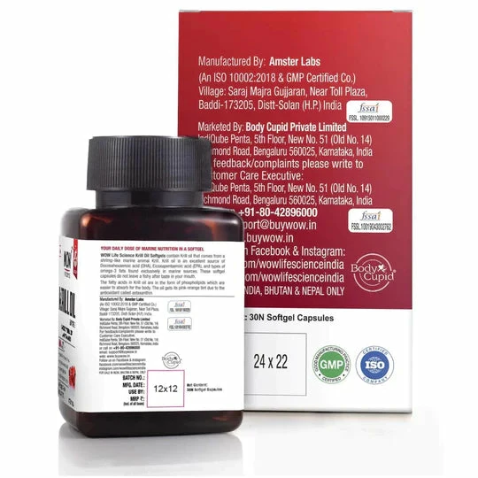 WOW Life Science Krill Oil Capsules - Enriched With EPA, DHA & Astaxanthin - 500mg Krill Oil - 30 Softgel Capsules