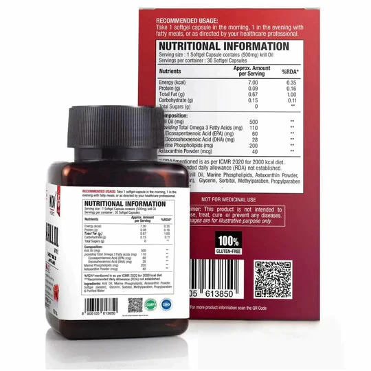 WOW Life Science Krill Oil Capsules - Enriched With EPA, DHA & Astaxanthin - 500mg Krill Oil - 30 Softgel Capsules