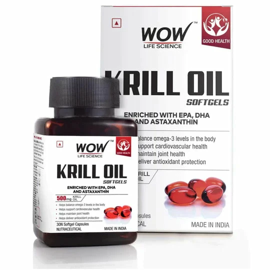 WOW Life Science Krill Oil Capsules - Enriched With EPA, DHA & Astaxanthin - 500mg Krill Oil - 30 Softgel Capsules