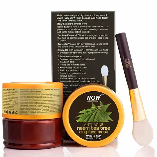 WOW Skin Science Anti-Acne Neem & Tea Tree Clay Face Mask - 200 Ml