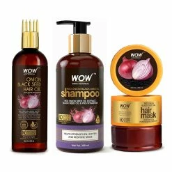 WOW Skin Science Onion Black Seed Hair Oil With Comb + Onion Shampoo + Onion Hair Mask - Double The Strength Kit With Red Onion, Black Seed Oil & Pro-Vitamin B5 Combos