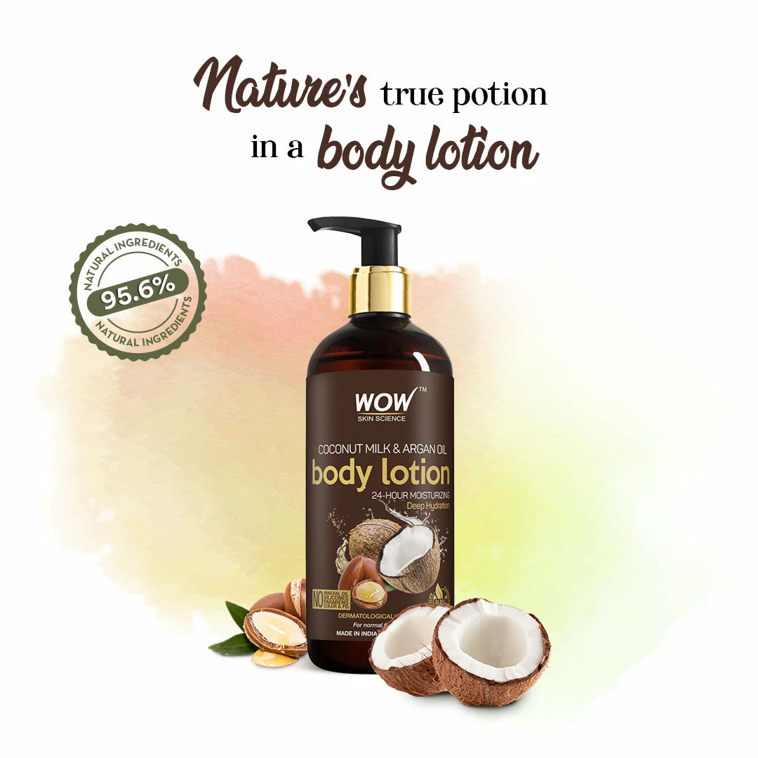 Wow Skin Science Bath & Body Coconut Milk & Argan Oil Body Lotion - Medium Hydration - No Mineral Oil, Parabens, Silicones, Color & PG