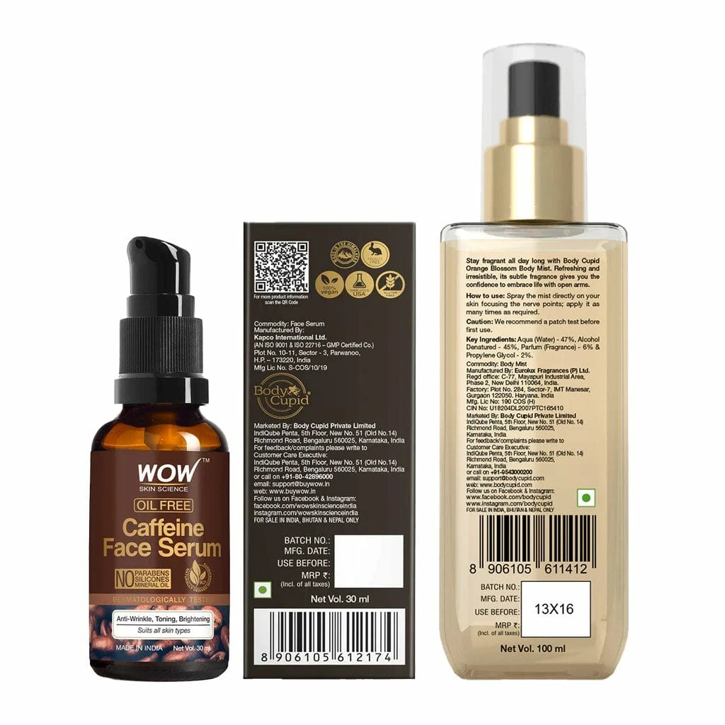WOW Skin Science Combos Caffeine Face Serum + Orange Blossom Body Mist - Net Vol - 130ml