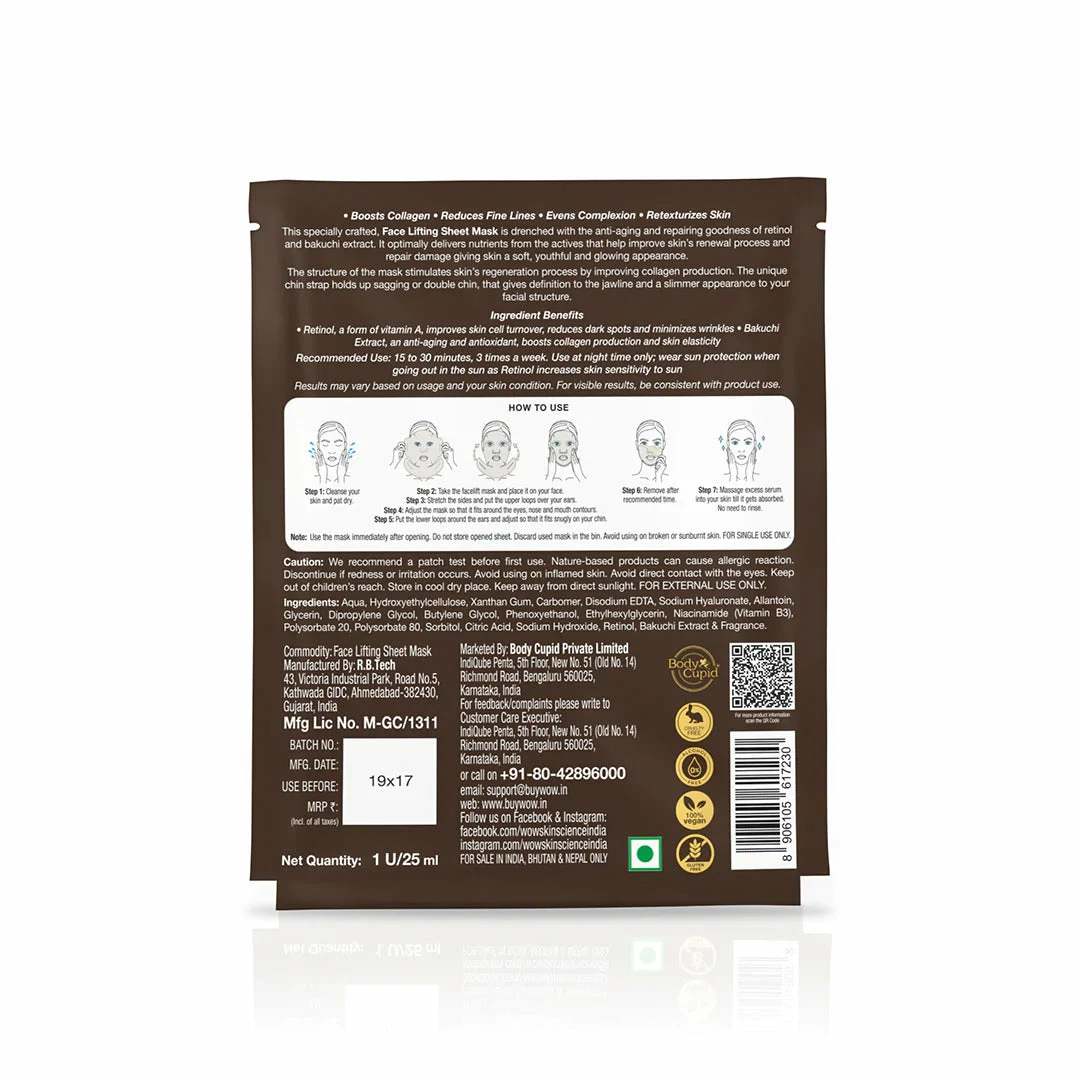 WOW Skin Science Retinol Natural Cupra Fiber Face Lifting Sheet Mask - Boosts Collagen, Reduces Fine Lines & Even Out Complexion