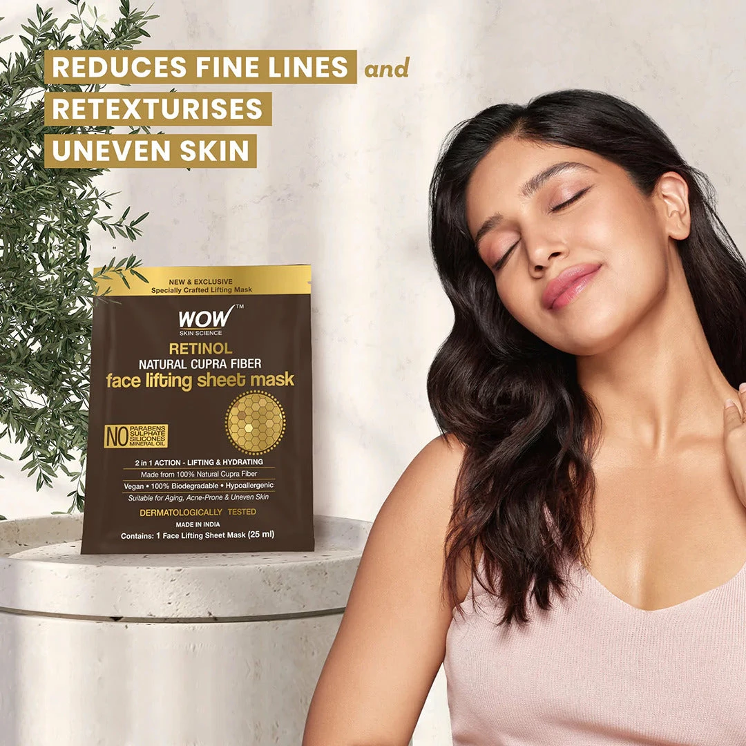 WOW Skin Science Retinol Natural Cupra Fiber Face Lifting Sheet Mask - Boosts Collagen, Reduces Fine Lines & Even Out Complexion