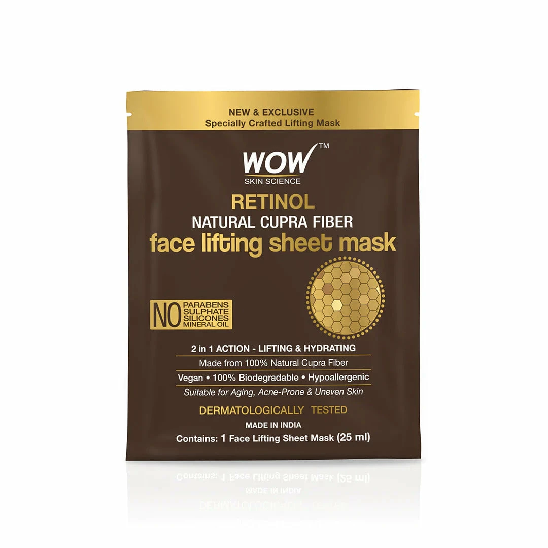 WOW Skin Science Retinol Natural Cupra Fiber Face Lifting Sheet Mask - Boosts Collagen, Reduces Fine Lines & Even Out Complexion