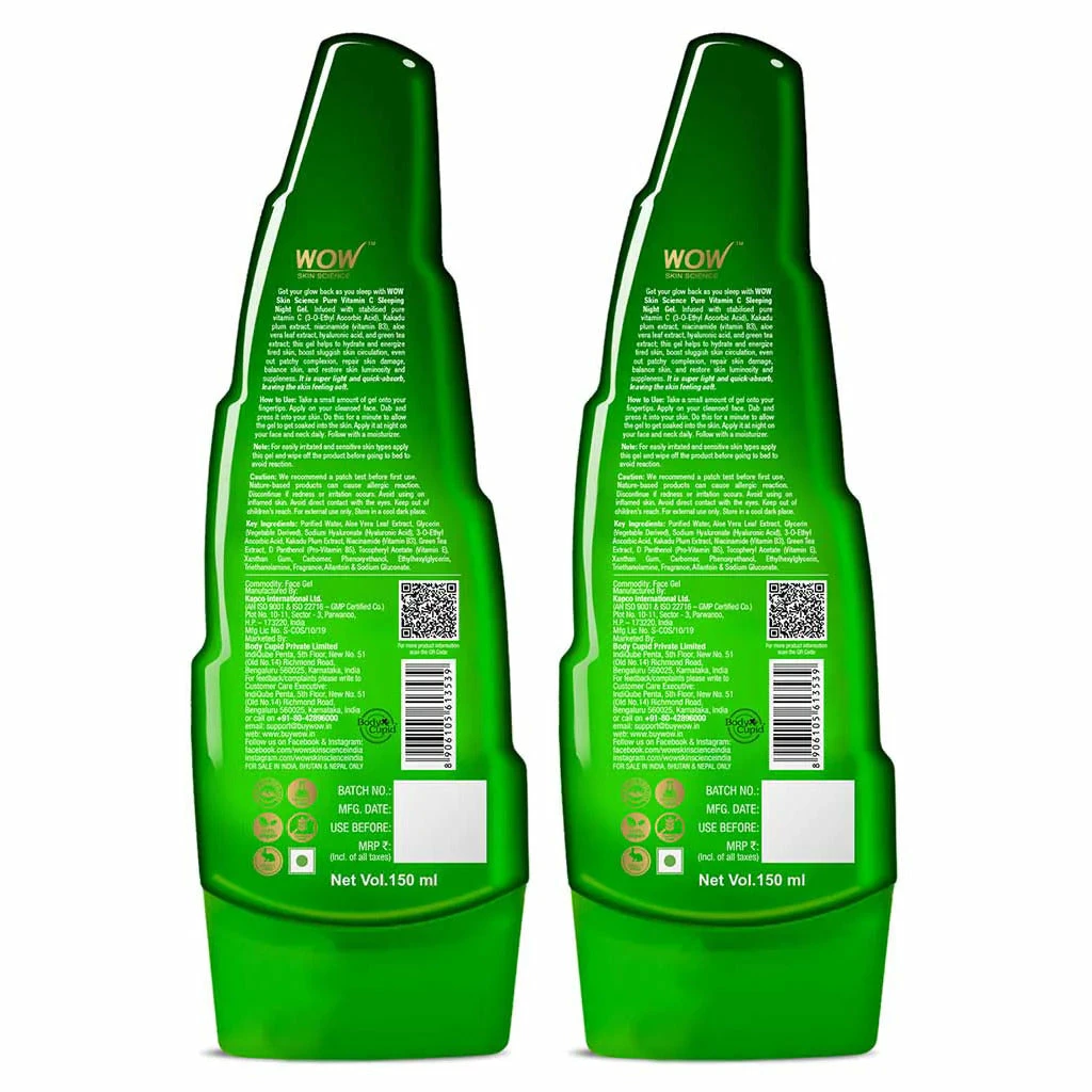 WOW Skin Science Pure Vitamin C Sleeping Night Gel With Aloe Vera - Night Time Aid To Revive Dry, Dull & Aging Skin - Non Sticky - Light & Quick Absorbing - No Parabens, Silicones & Color