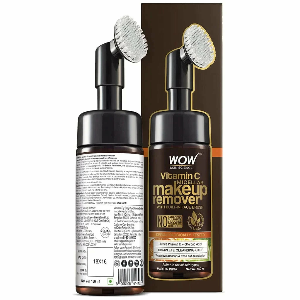 WOW Skin Science Vitamin C Makeup Remover - Cleansing, Removes Makeup, Even Out Skin Tone - With Built-In Face Brush (MICELLAR) - 150mL Make Up Remover